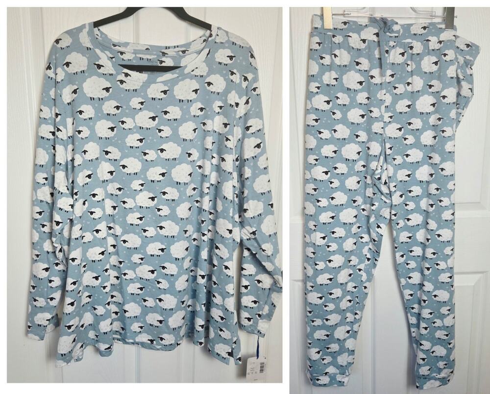 Sleep Sense Pajama Set Womens 3X Blue Sheep Print Sleepwear Lounge Plus New